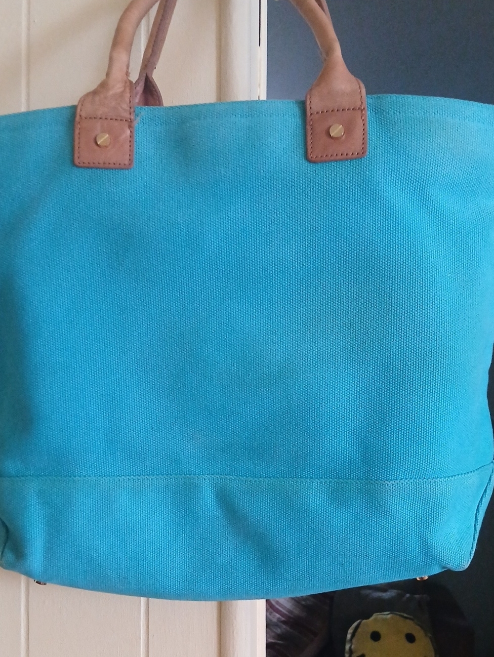 Tory Burch Turquoise Canvas Tote with Brown Leather Trim and Logo - Picture 10 of 11